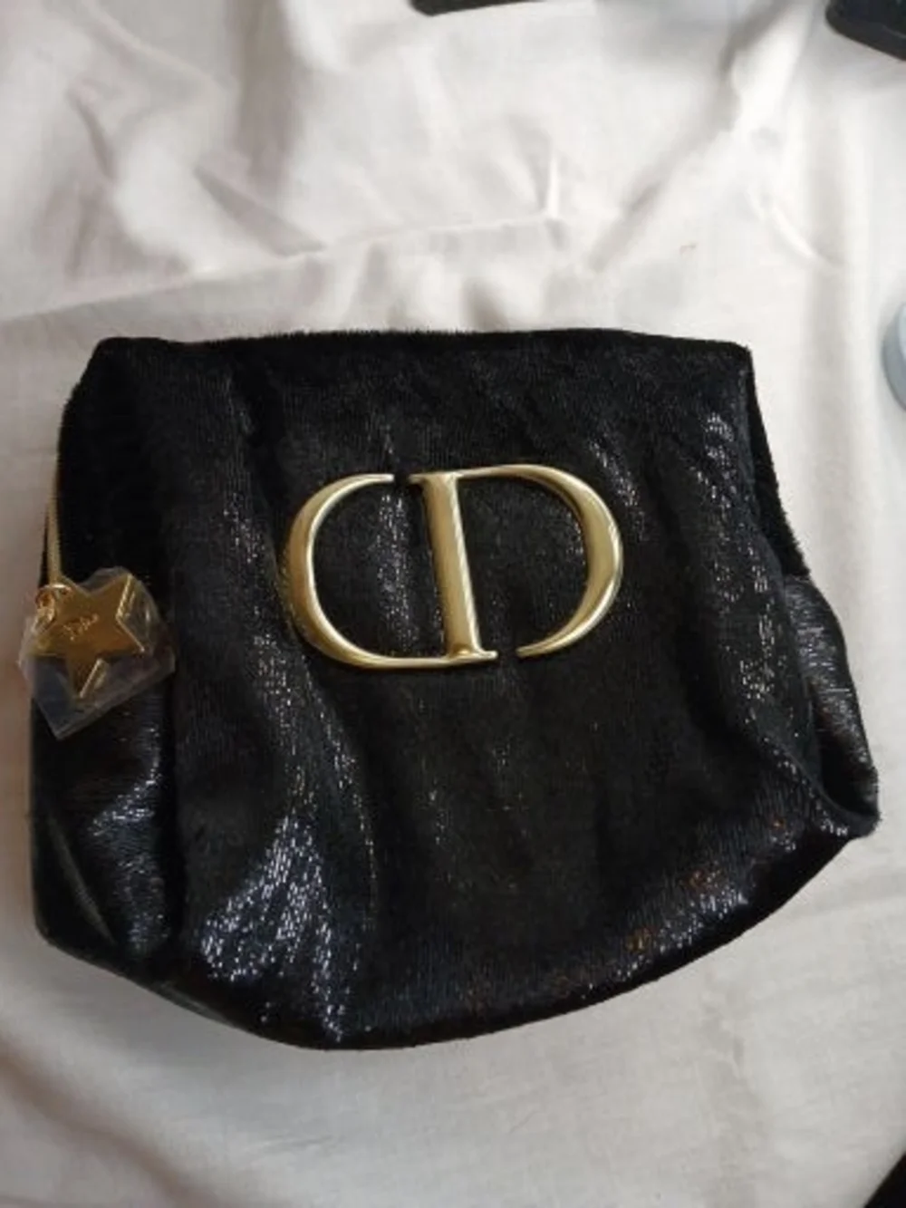 Dior Beauty Black Velour Sparkling Cosmetic Bag with Gold CD Emblem New In Box